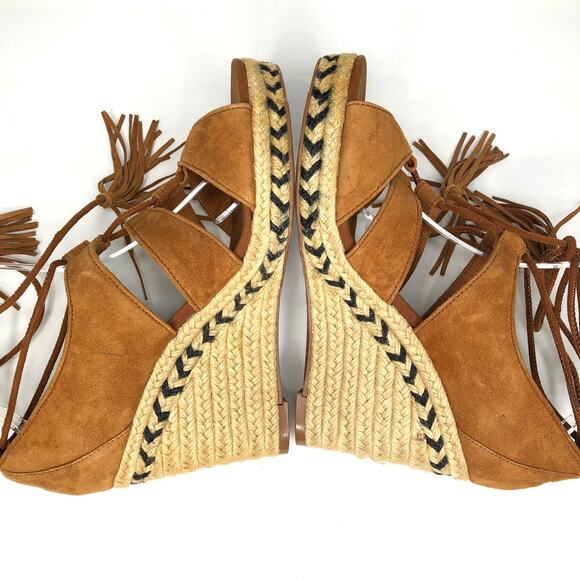 H&M Cognac Brown Suede Espadrille Wedge Lace Up Sandals 8.5 - Picture 6 of 10